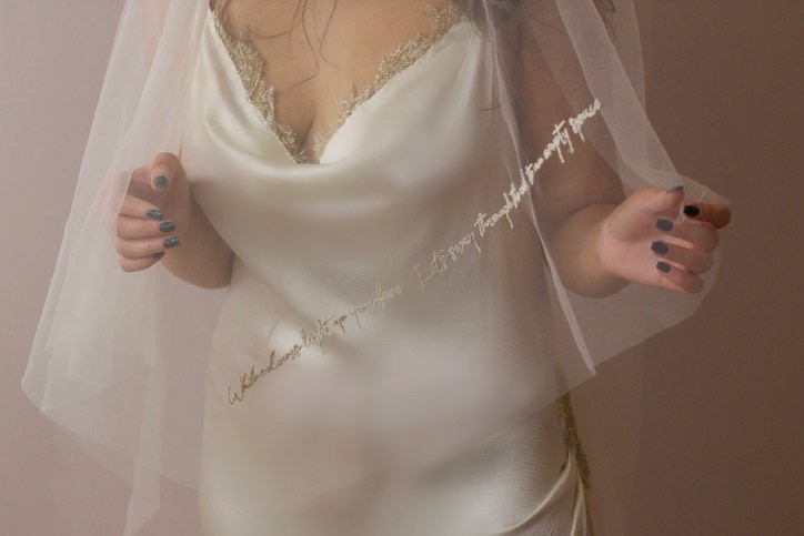 'Pirene' Gown & embroidered poetry veil.